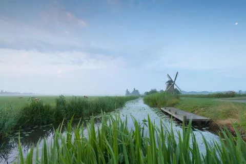 Moon over windmill by river Foto stock