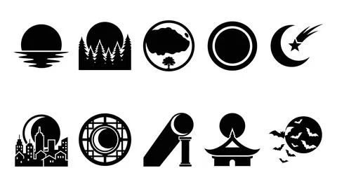 Moon phase and night landscape icon set with sky scenery. Stock Illustration