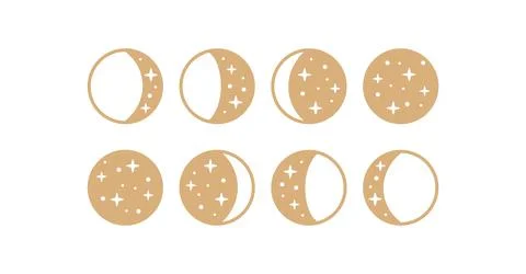 Moon phase linear icons with stars. Gold crescent moon, astronomic boho logo Stock Illustration
