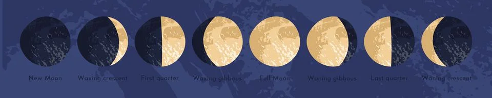 Moon phase, lunar cycle, synodic month. Lunary visible side. New and full moo Stock Illustration