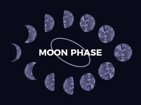Moon phase. Textured surface of the moon. Lunar phases throughout the cycle.  Illustrazione stock
