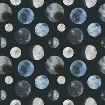 Moon phases Abstract seamless pattern watercolor illustration. Stock Illustration