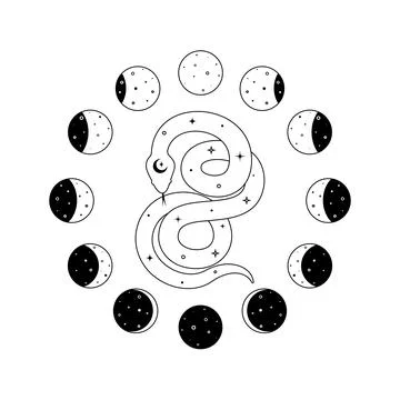 Moon phases and celestial snake in outline style. Spiritual serpent symbol for Stock Illustration