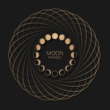 Moon phases astronomy icon set in round frame lunar cycle, full moon Stock Illustration