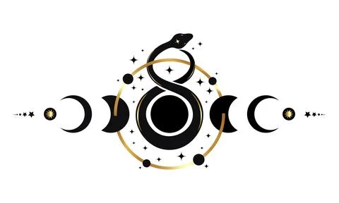 Moon Phases border frame and Mystical snake, wicca banner celestial sign Ilustração Stock