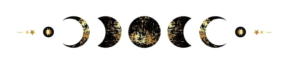 Moon Phases border frame in black and gold foil texture, wicca banner sign Stock Illustration