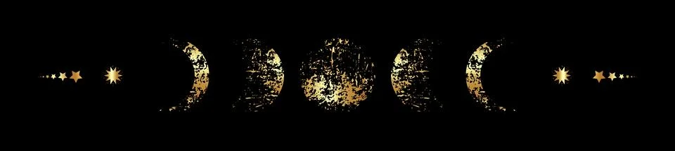 Moon Phases border frame in gold foil texture, wicca banner sign. Golden luxury Stock Illustration