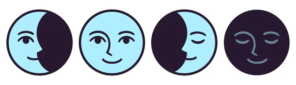 Moon phases with face drawing set Stock Illustration