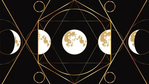 Moon phases flat image on a black background with a geometric golden pattern. Stock Illustration