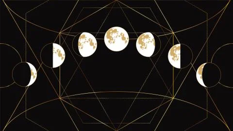 Moon phases flat image on a black background with a geometric golden pattern. Illustrazione stock
