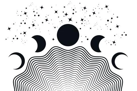 Moon phases, geometric waves, abstract contemporary seashell background Stock Illustration