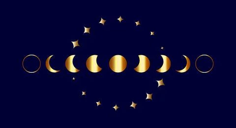 Moon Phases gold border frame, wicca banner sign. Triple moon pagan Ilustração Stock