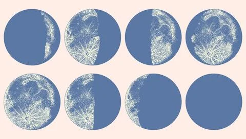 Moon phases. Hand drawn illustration in dot work style for stages of moon Stock Illustration