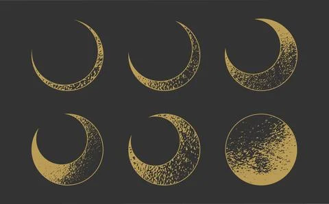 Moon phases, lunar cycle, textured crescent moon set. Vector illustration Illustrazione stock