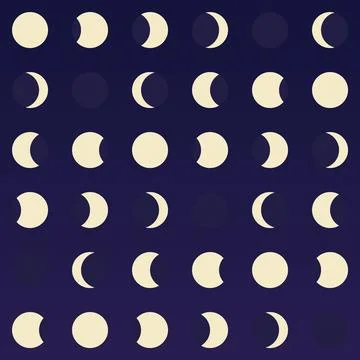 Moon phases pattern with crescent full moon icons on dark purple background Stock Illustration