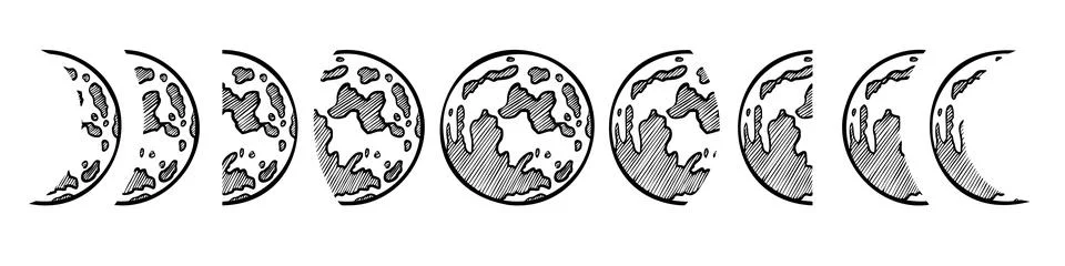 Moon Phases set. Vector illustration of full Luna and crescent. Hand drawn lunar Stock Illustration
