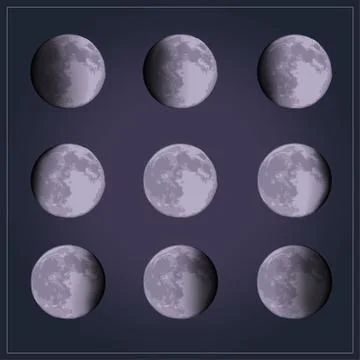 Moon phases vector set of astronomical hand draw elements from new moon to Stock Illustration