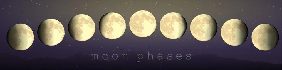 Moon phases vector set of astronomical hand draw elements newmoon crescent Stock Illustration