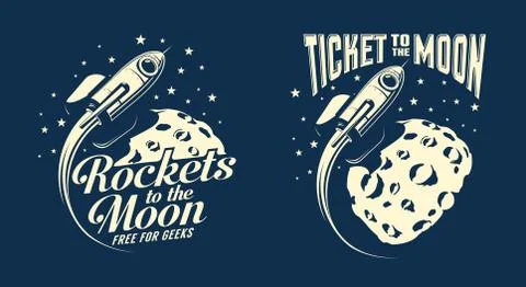 Moon posters with a flying rocket Stock Illustration