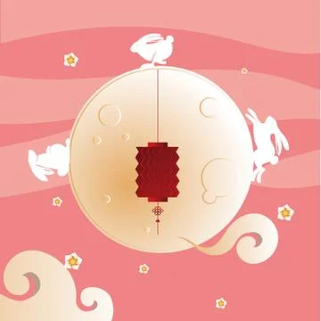 Moon with rabbits clouds and lantern on pink, background vector design Illustrazione stock
