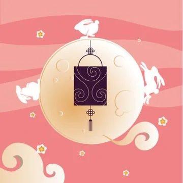 Moon with rabbits clouds and lantern on pink, background vector design Stock Illustration