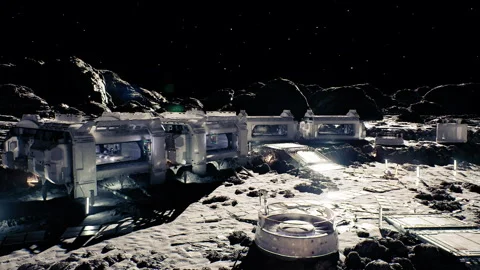 Moon research environment, Remote lunar habitat with equipment array Stock Footage 331400245