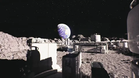 Moon residence shape with starry backdrop and structural elements Stock Footage 331533833