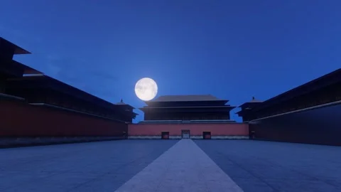 The moon rises at night on the corner of the Forbidden City Stock Footage 288181199