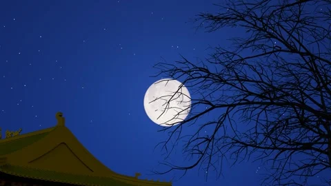 The moon rising above the eaves of the ancient city during the Mid-Autumn Fe Stock Footage 328398088