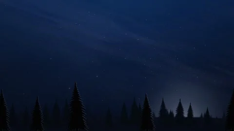 Moon rising behind dark pine forest silhouette under starry night sky 스톡 동영상 347366946