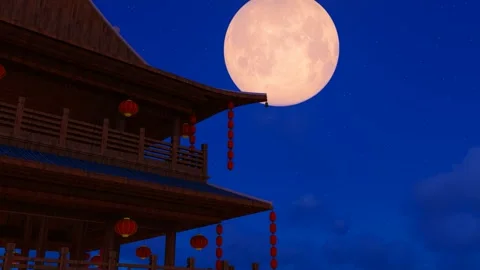The moon rising from the eaves during the traditional Mid-Autumn Festival on Stock Footage 250502959