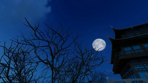 The moon rising from the eaves of the Mid-Autumn Festival on August 15 Stock Footage 236181444