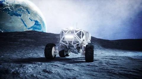 Moon rover on the moon. space expedition. Earth background. Super realistic 3d a Stock Footage 81602686