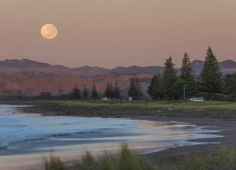 Moon Set - Midway Beach - Time Lapse - short version Stock Footage 130475445