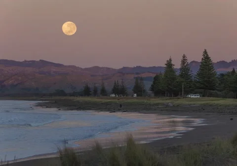 Moon Set - Midway Beach - Time Lapse - long version Stock Footage 130481552