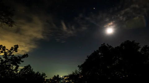 Moon Set Time Lapse with Fast Clouds and City Lights Stock Footage 280354830