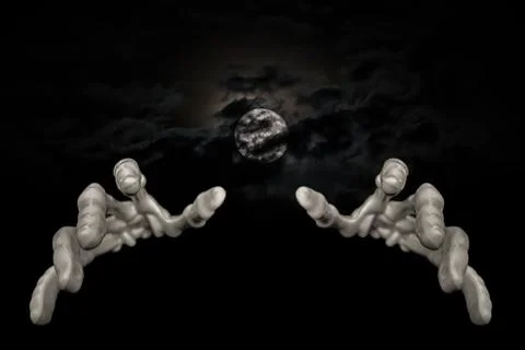 Moon with Skeleton Hands Reaching Forward Stock Photos
