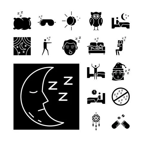 Moon sleeping and bundle of insomnia set icons Illustrazione stock
