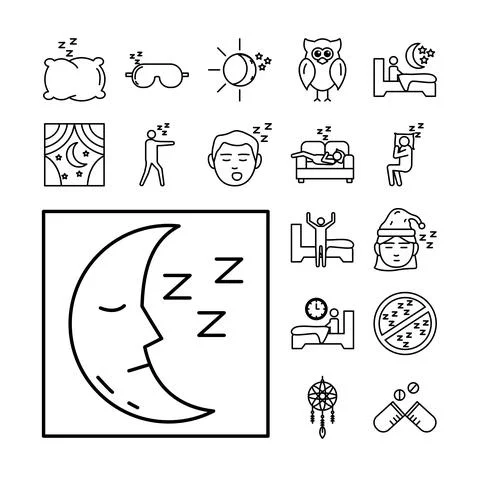Moon sleeping and bundle of insomnia set icons Stock Illustration