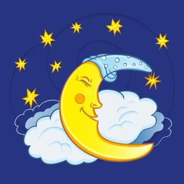 Moon sleeping on a cloud with stars in the night sky. Cute cartoon moon Stock Illustration