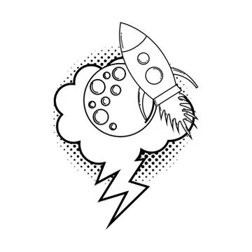 Moon with speech bubble and rocket pop art Stock Illustration