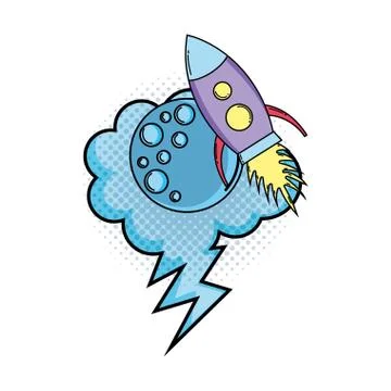 Moon with speech bubble and rocket pop art Illustrazione stock