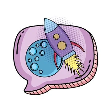 Moon with speech bubble and rocket pop art Illustrazione stock