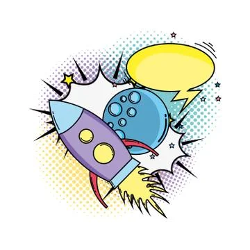 Moon with speech bubble and rocket pop art Illustrazione stock