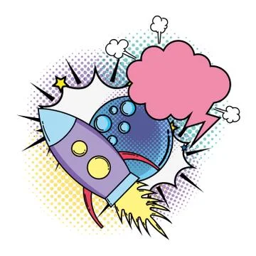 Moon with speech bubble and rocket pop art Illustrazione stock