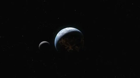 Moon is spinning in outer space with stars and Planet Earth. Stock Footage 211353474