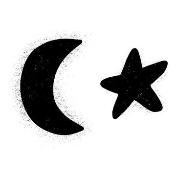 Moon with star. Black vector element, linocut Ilustração Stock