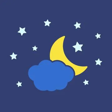Moon, stars and clouds vector icon on background. Night sky icon. Illustrazione stock