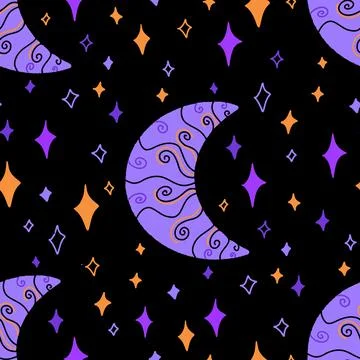 Moon stars celestial vector repeat pattern design on black background Stock Illustration