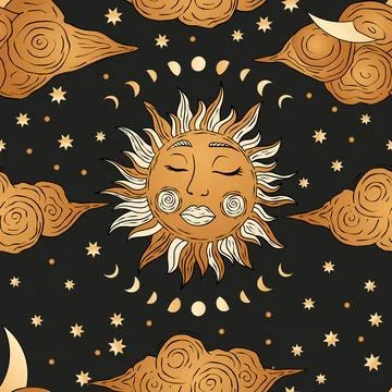 Moon Sun and Cloud Dark Starry Night Golden Magic Astronomy Astrology Star Stock Illustration